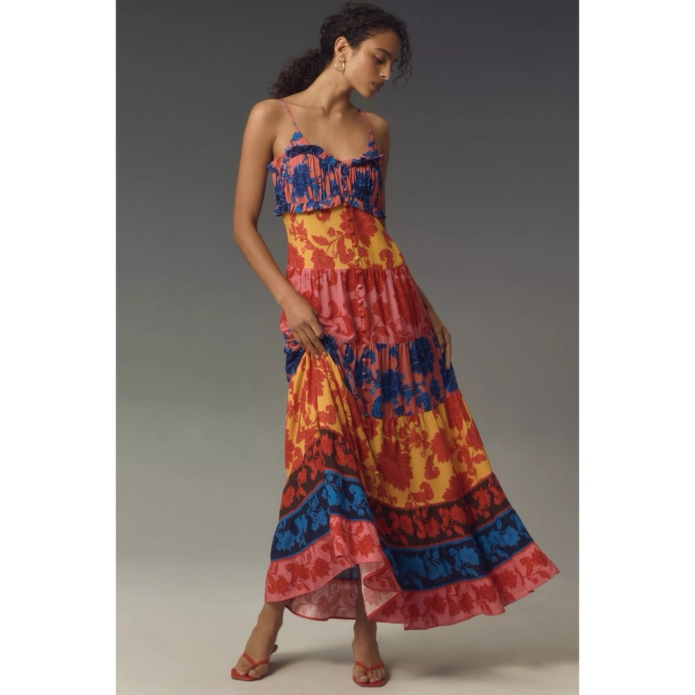 Anthropologie x Farm Rio Button-Front Tiered Maxi Dress